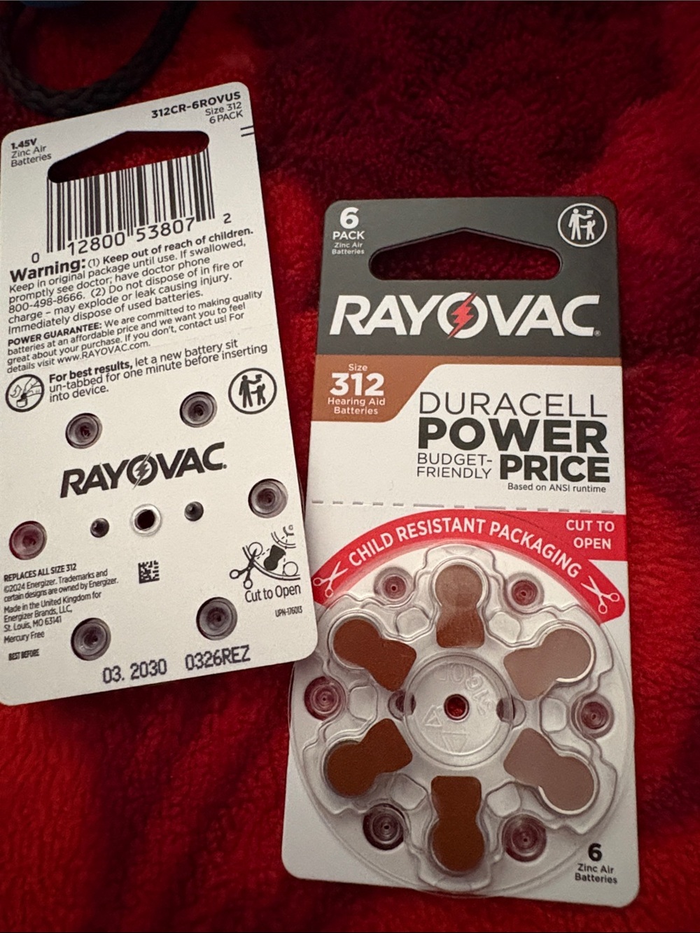 Set of 2 6-Pack Size 312 Hearing Aid Batteries — Brown Tabs